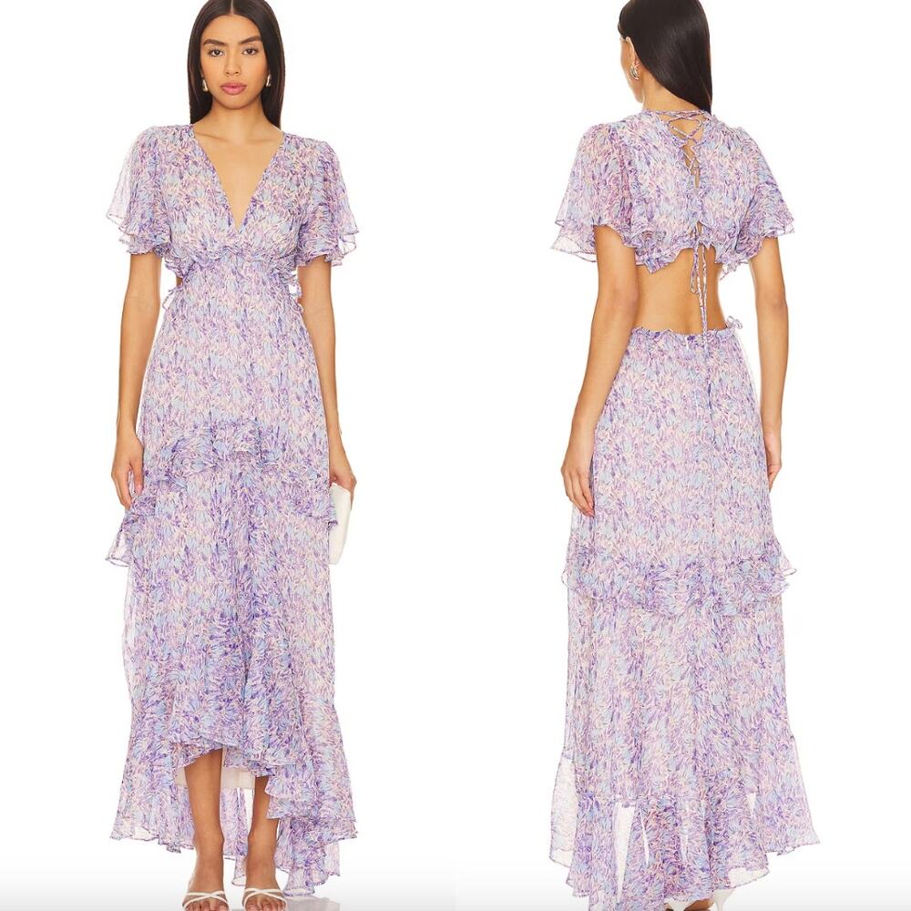 ASTR The Label Cherli Floral Tiered Maxi Dress Purple Blue Lace Up Cutout Back L